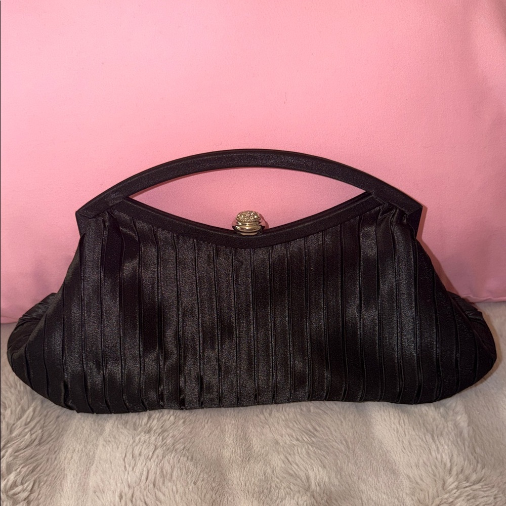 Vintage Black Pleated Satin Evening Clutch with Top Handle